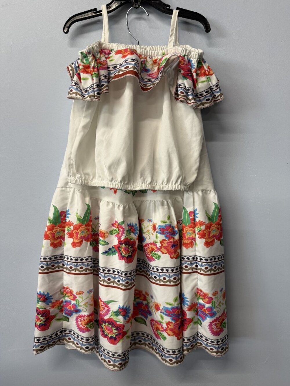 Shein Girls Floral Ruffle Dress Size 7Y Off-Shoulder Design With Adjustable Stra